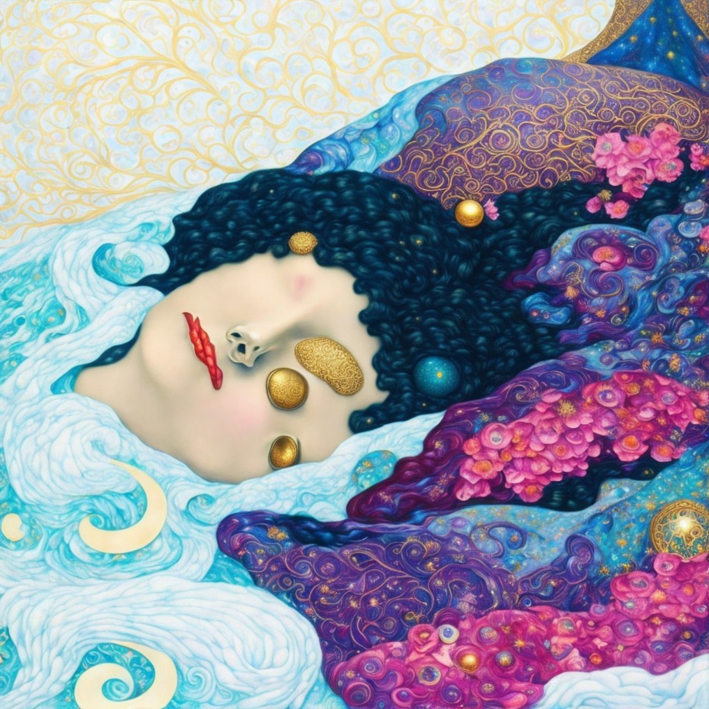 Stylized Face on Vibrant Waves with Abstract Elements