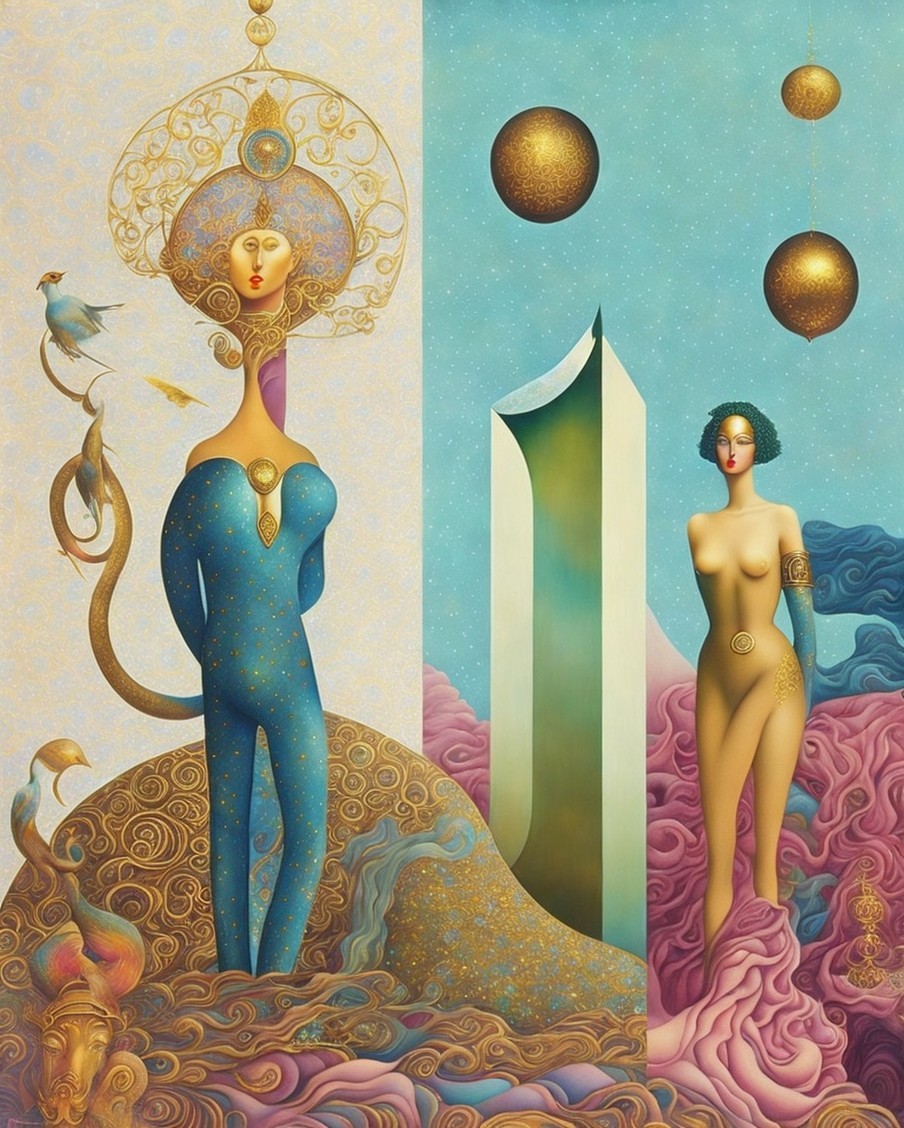 Surreal Composition with Regal and Statuesque Figures