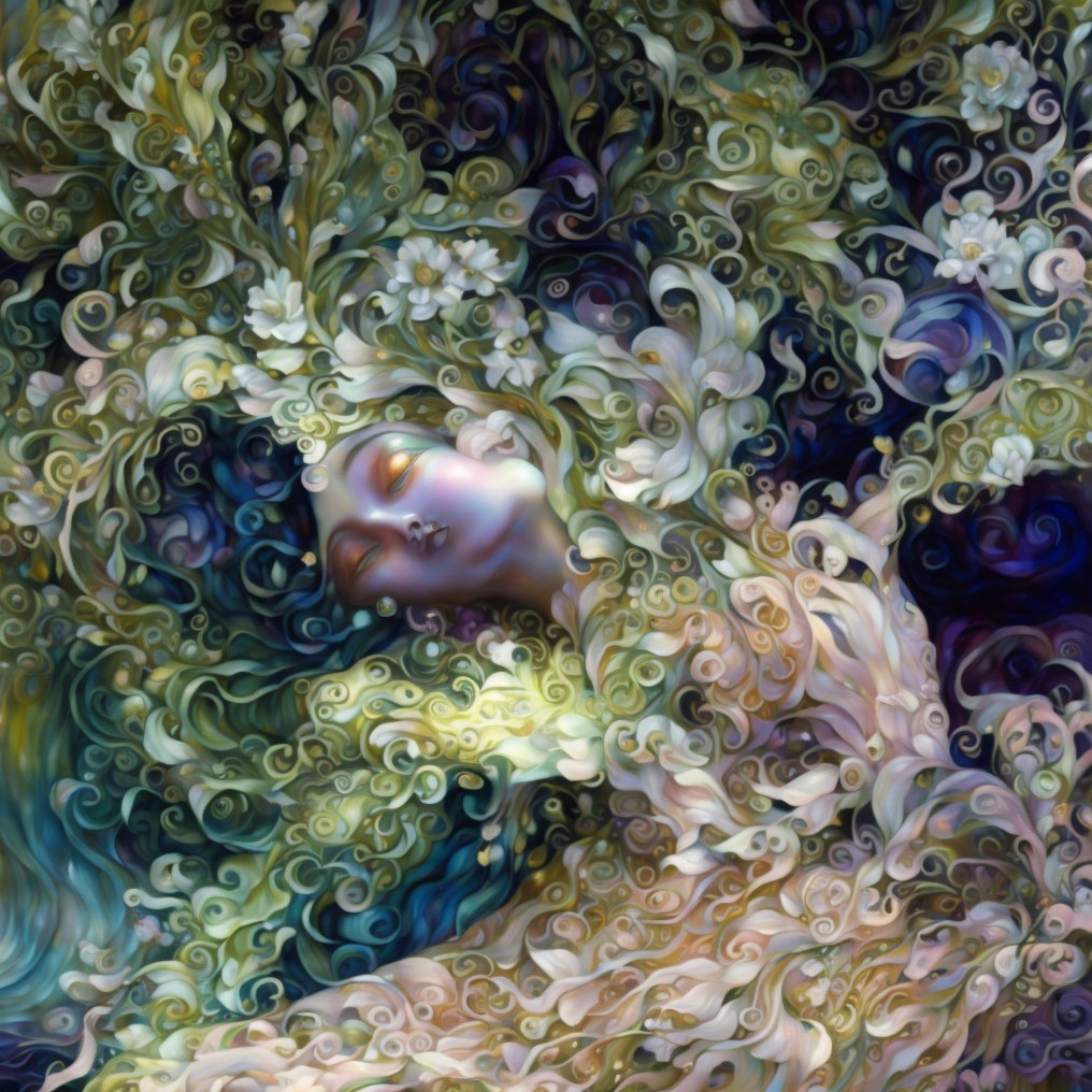 Serene Figure in Dreamlike Floral Patterns