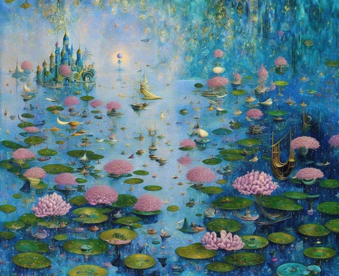 Tranquil Lake Scene with Castle and Pink Lotuses