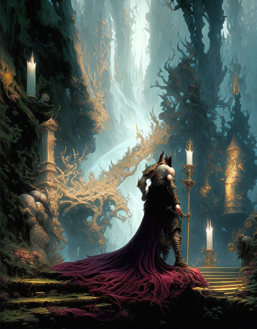 Mysterious Figure in Dark Armor Amid Enchanted Ruins