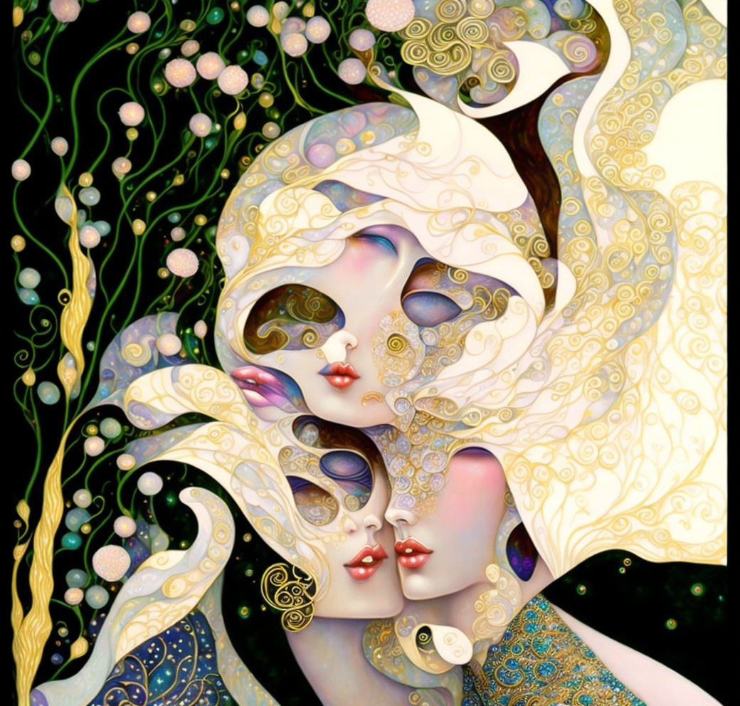 Abstract Female Faces with Flowing Hair and Patterns