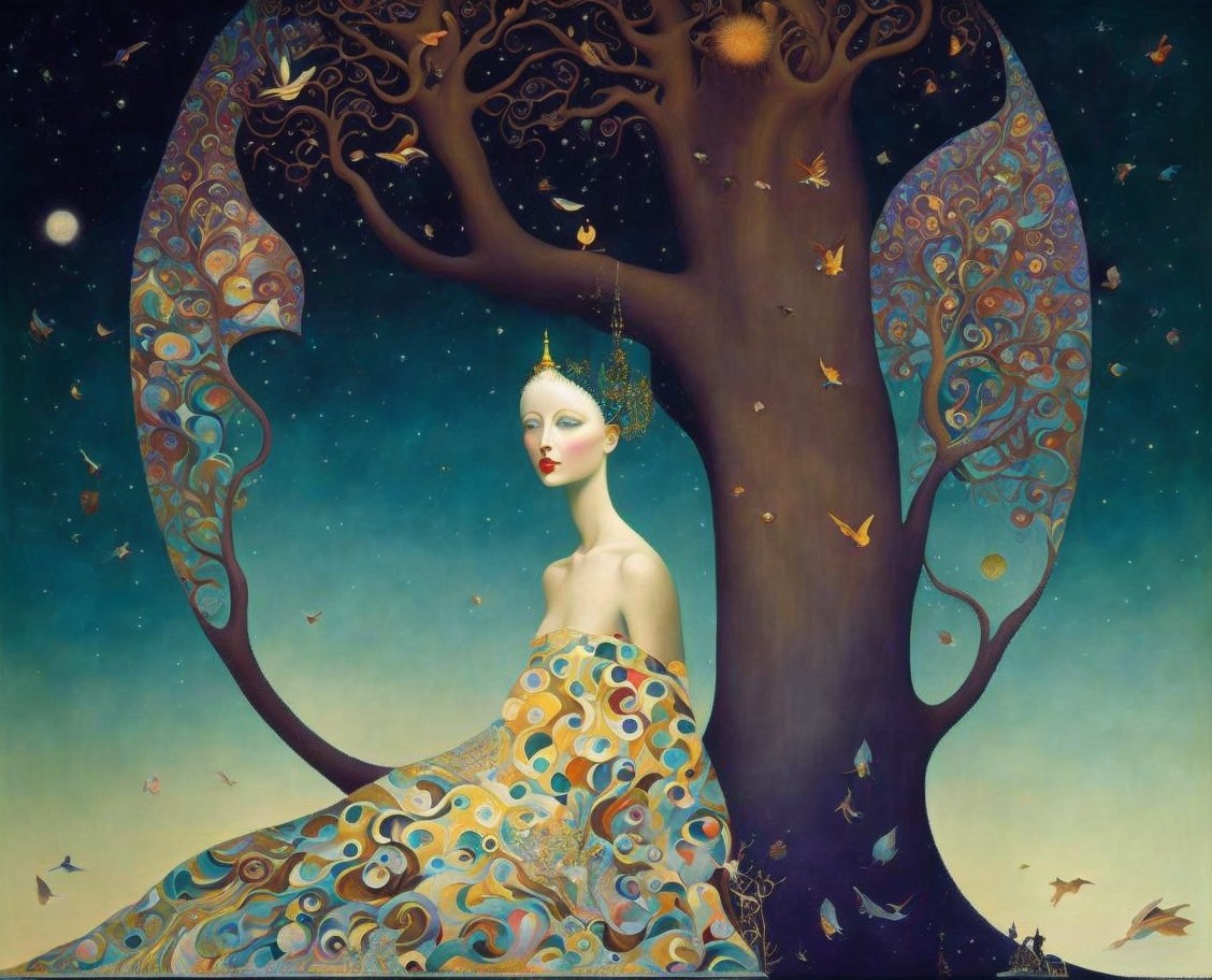 Serene figure beneath a vibrant, intricate tree