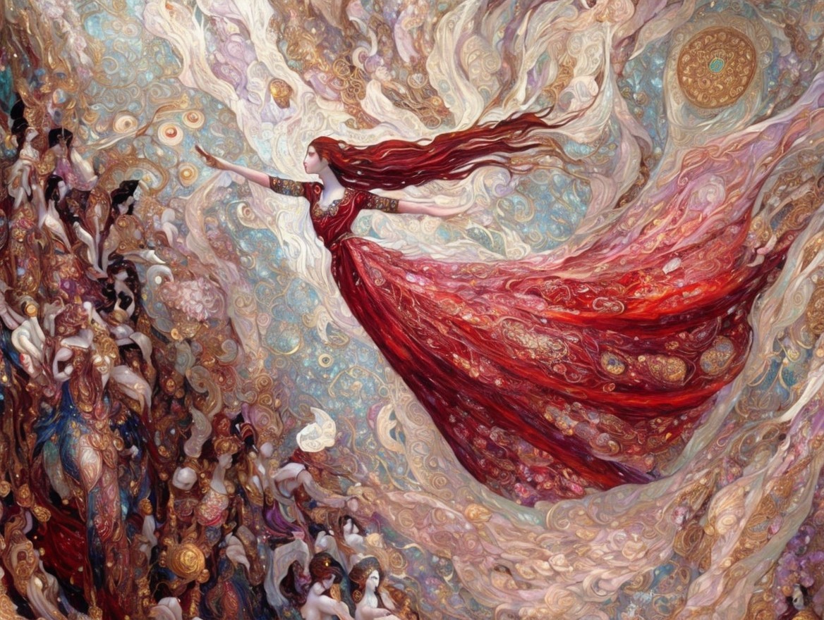 Vibrant Composition of Woman in Red Dress and Ethereal Figures