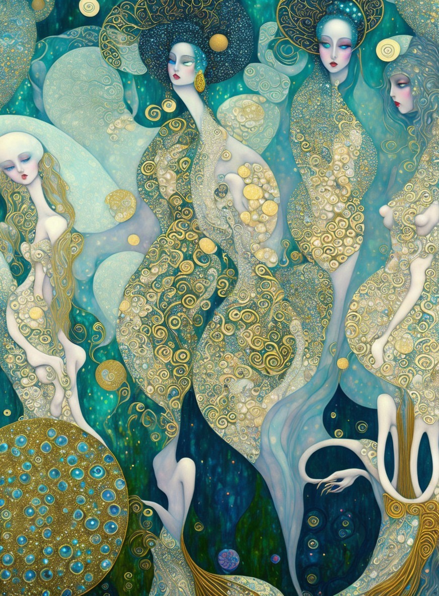 Ethereal Figures in Blue and Gold Underwater Scene