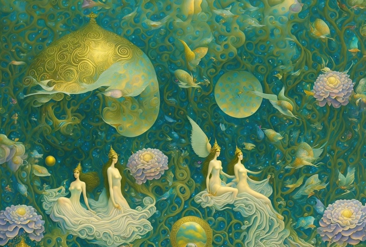 Ethereal Underwater Scene with Graceful Figures and Waves