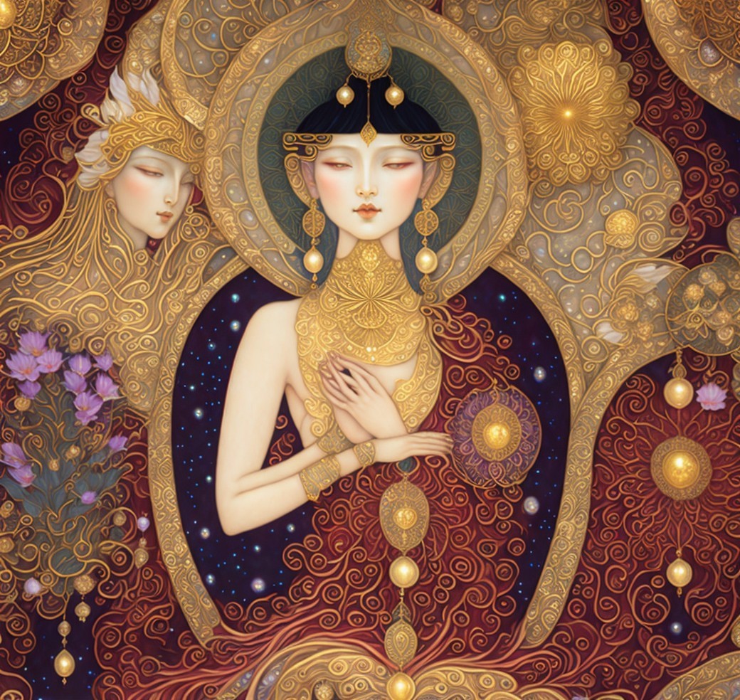 Divine figure in gold patterns with celestial motifs