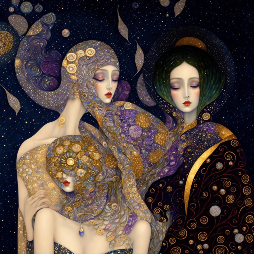 Stylized Women with Intricate Patterns and Mystical Elements