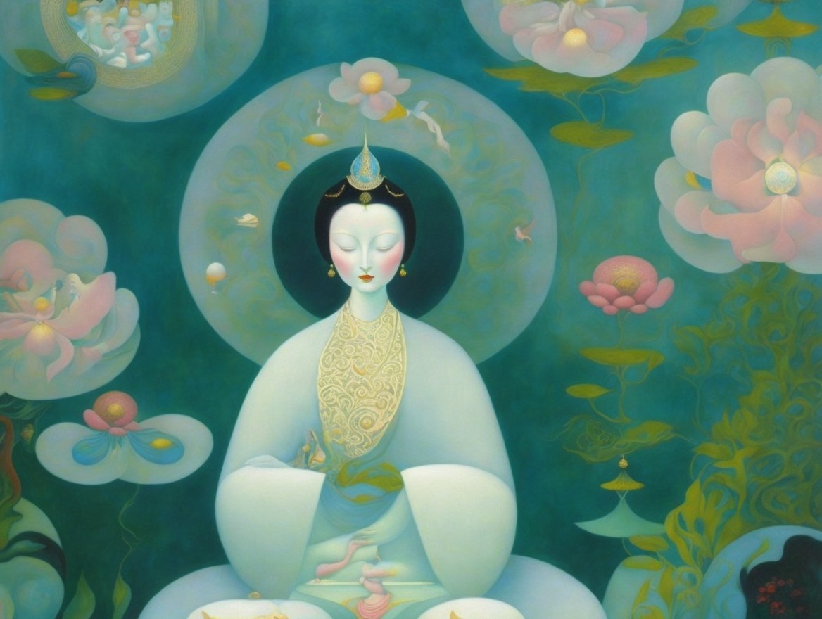 Goddess figure in flowing robes with child and flowers