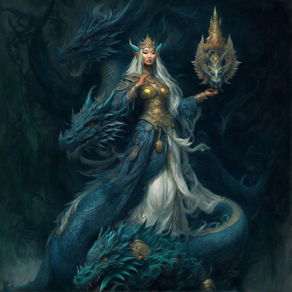 Powerful Figure in Ornate Armor with Mystical Creatures