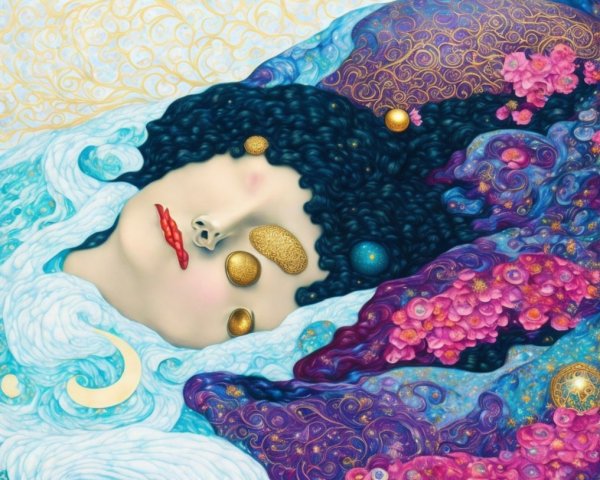 Stylized Face on Vibrant Waves with Abstract Elements