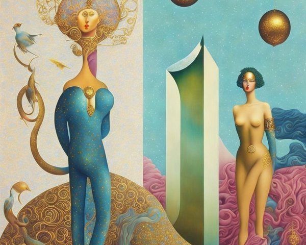 Surreal Composition with Regal and Statuesque Figures