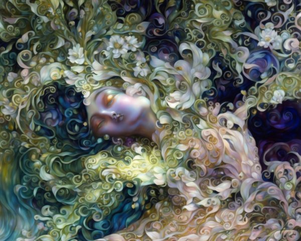 Serene Figure in Dreamlike Floral Patterns