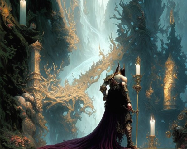 Mysterious Figure in Dark Armor Amid Enchanted Ruins