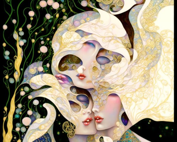 Abstract Female Faces with Flowing Hair and Patterns