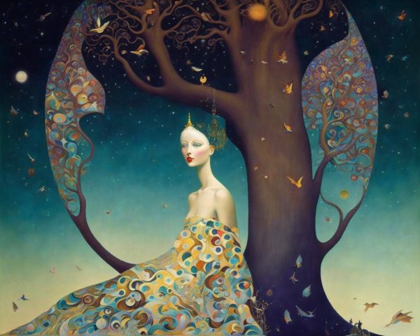 Serene figure beneath a vibrant, intricate tree