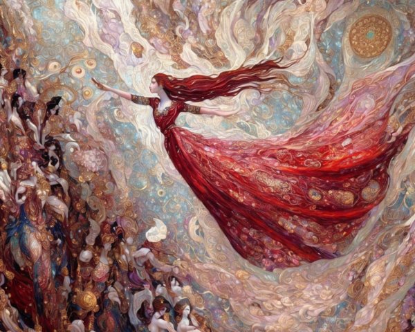 Vibrant Composition of Woman in Red Dress and Ethereal Figures