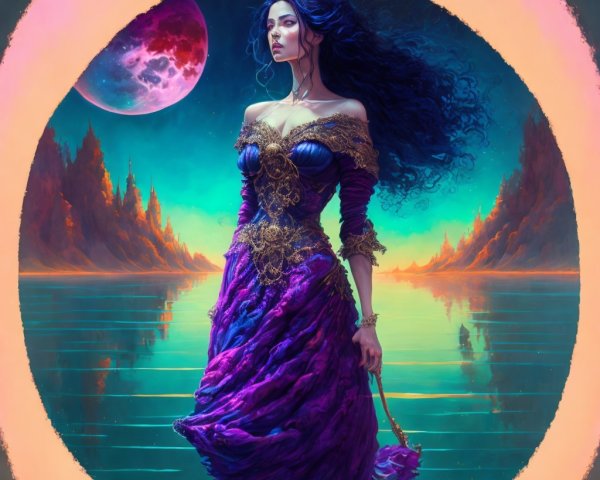 Mystical Woman in Shimmering Lake with Surreal Landscape