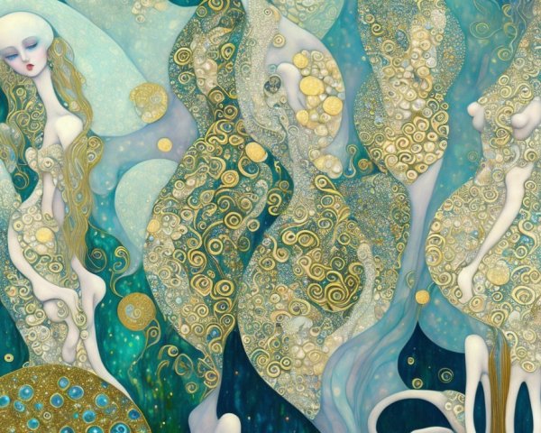 Ethereal Figures in Blue and Gold Underwater Scene