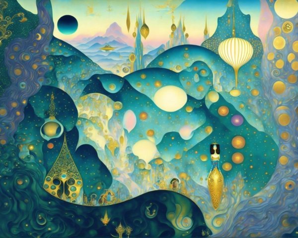 Surreal Landscape with Blue and Gold Elements