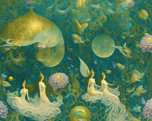 Ethereal Underwater Scene with Graceful Figures and Waves