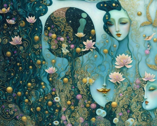 Ethereal Figures and Lotus Flowers in Vibrant Artwork