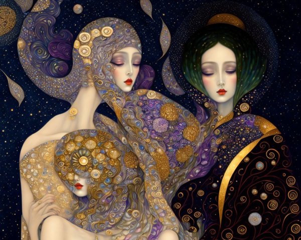 Stylized Women with Intricate Patterns and Mystical Elements