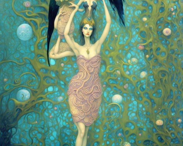 Mystical Scene with Female Figure and Dark-Winged Being