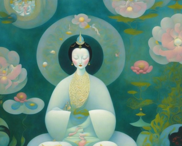 Goddess figure in flowing robes with child and flowers