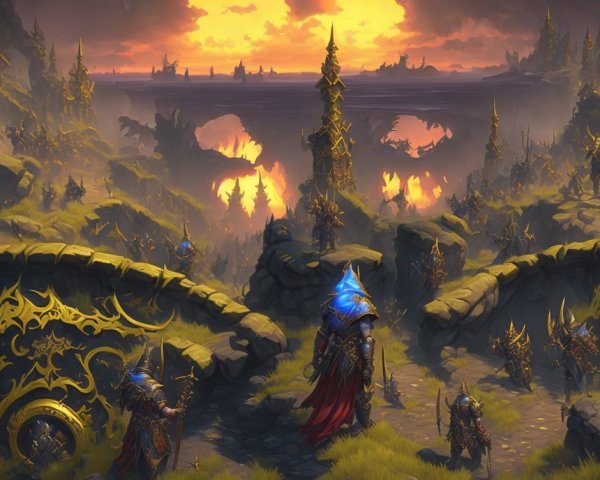 Majestic Landscape with Mountains and Armored Warriors