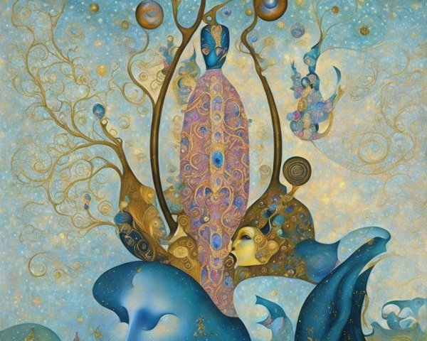 Surreal Landscape with Abstract Faces and Celestial Elements