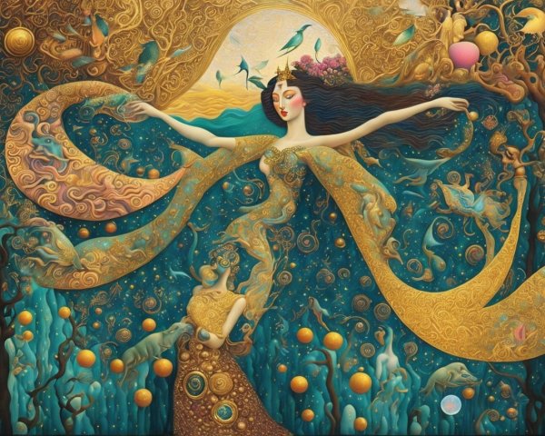Fantastical Figure in Dreamlike Golden Landscape