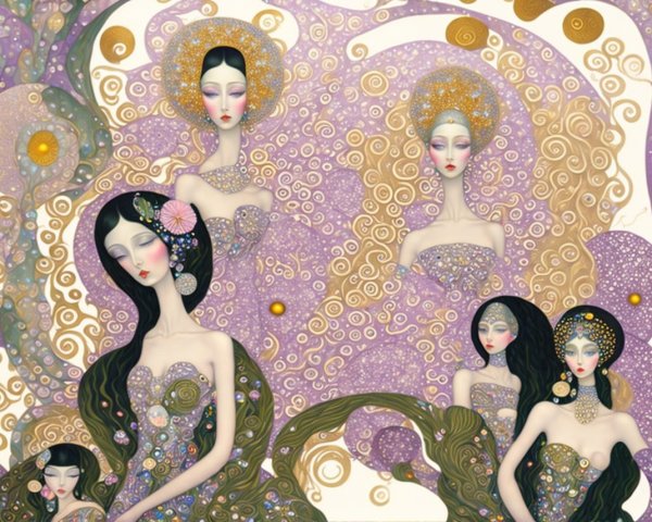 Ethereal Figures in Elegant Dresses with Whimsical Background