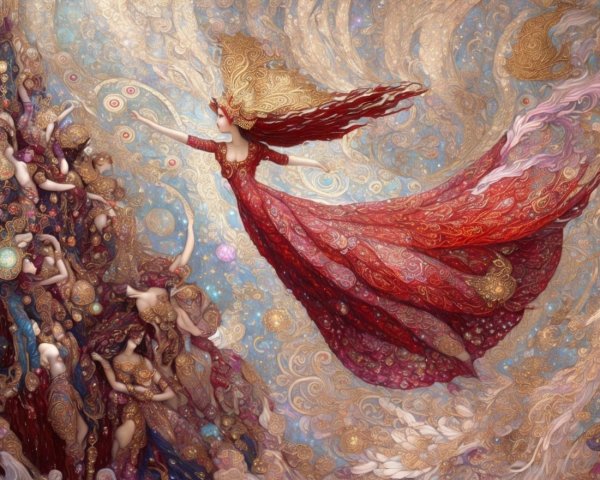 Ethereal Scene of Women in Flowing Red and Swirling Patterns