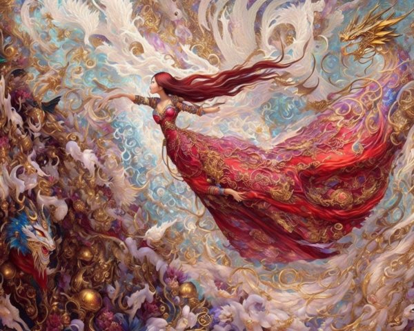 Mystical Scene with Graceful Figure and Ethereal Creatures