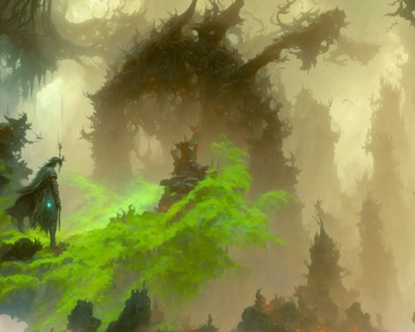 Mystical Landscape with Dark Armored Figure and Trees