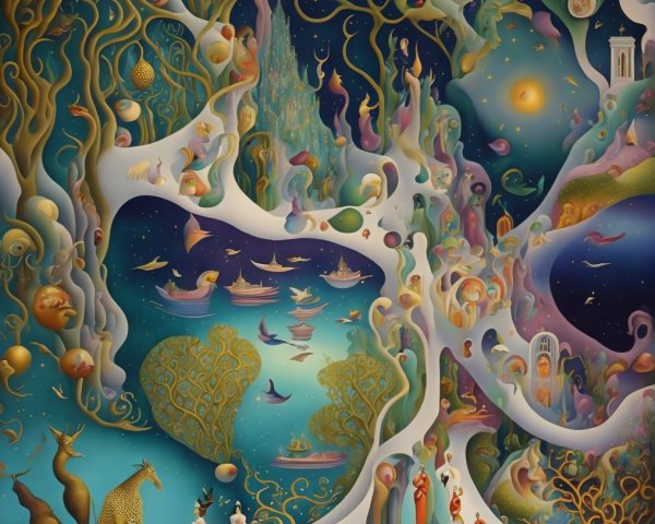 Whimsical Dreamlike Scene with Vibrant Colors and Forms