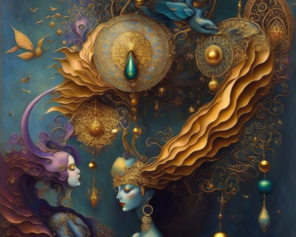 Ethereal Women in Mystical Blue and Gold Artwork