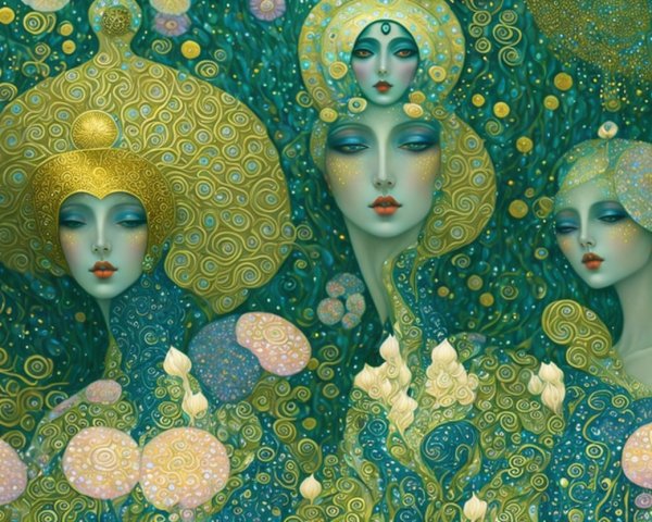 Surreal Artwork with Ethereal Female Figures and Patterns