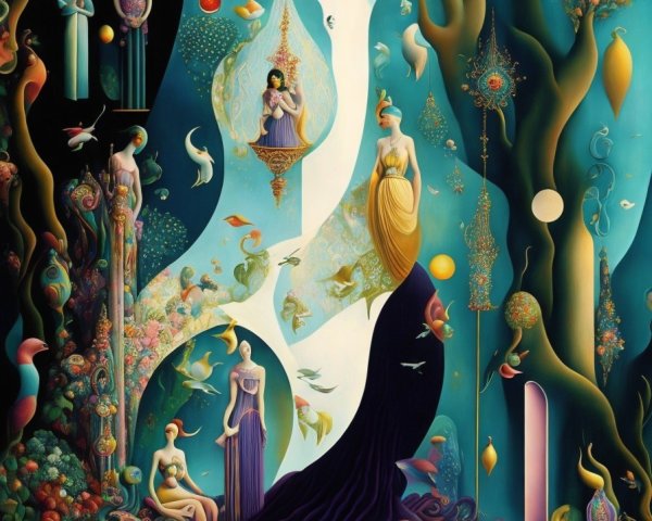 Surreal Landscape with Whimsical Figures and Flora