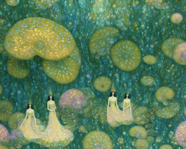 Ethereal Figures in Pale Yellow Gowns Amid Vibrant Patterns