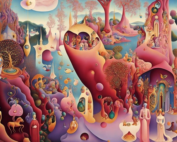 Vibrant Surreal Landscape with Whimsical Elements