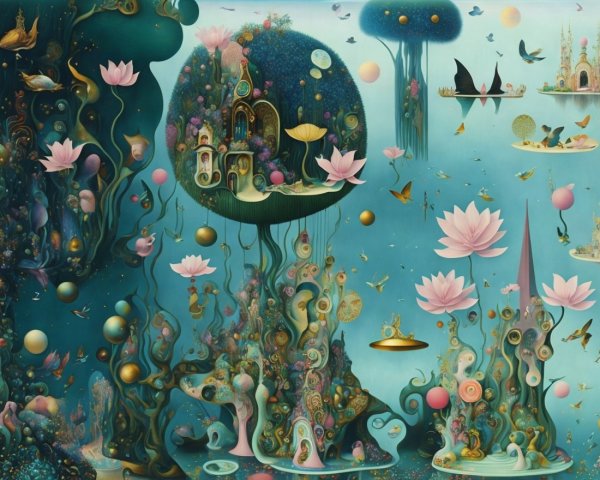 Surreal Landscape with Whimsical Flora and Fauna