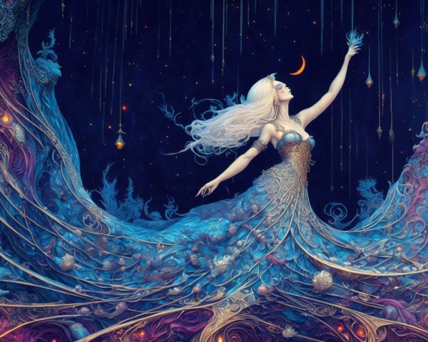 Mystical Woman in Iridescent Gown Against Blue Background