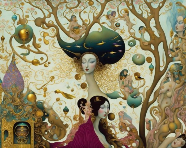 Surreal Artwork with Gold Patterns and Whimsical Figures