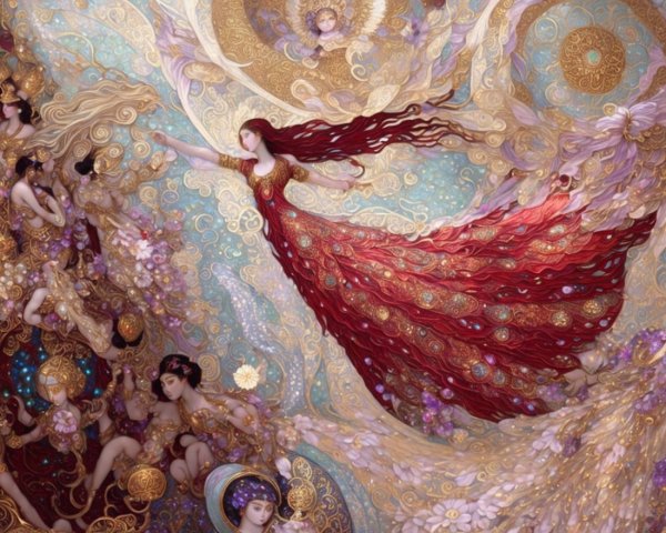 Fantastical Scene of a Woman in a Red Gown