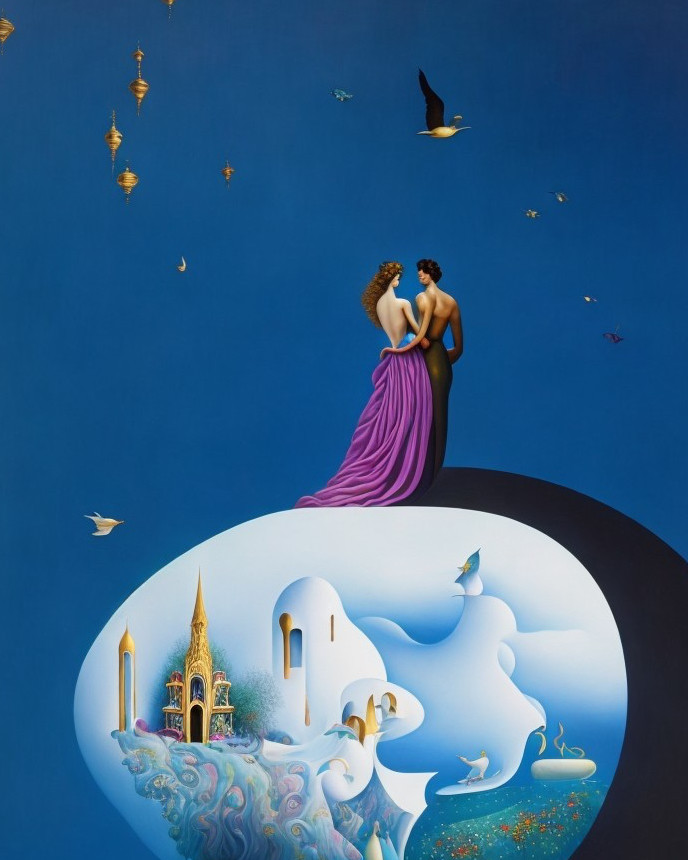 Couple Embracing in Surreal Landscape with Whimsical Elements