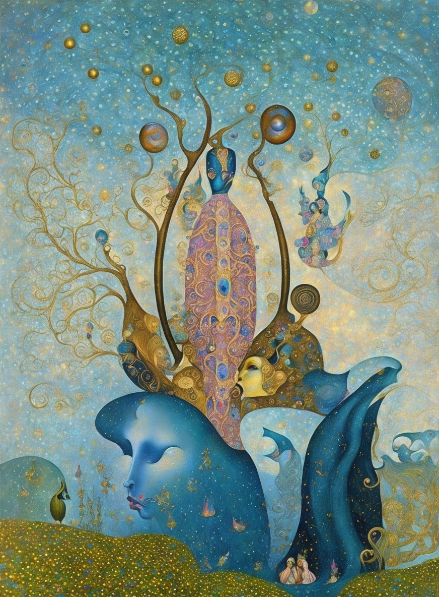 Surreal Landscape with Abstract Faces and Celestial Elements