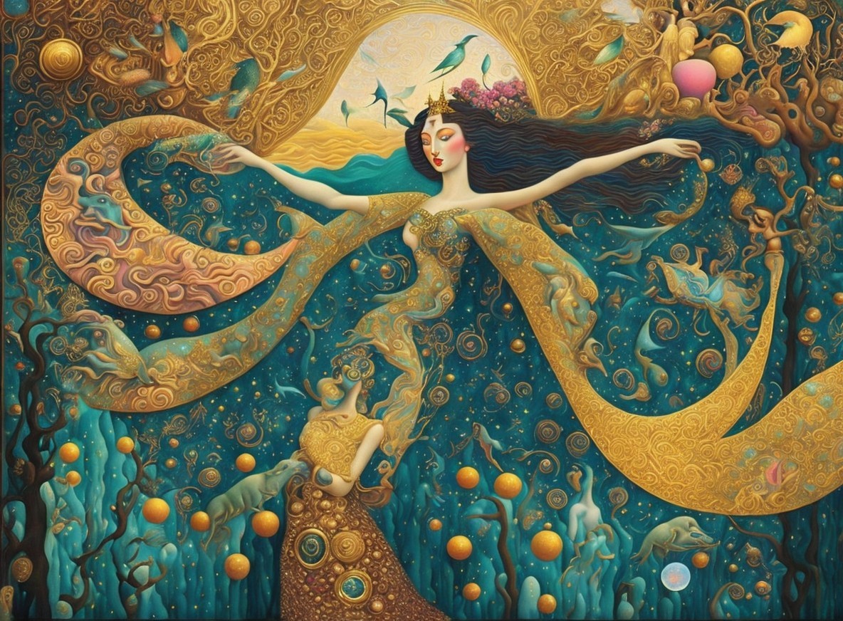 Fantastical Figure in Dreamlike Golden Landscape