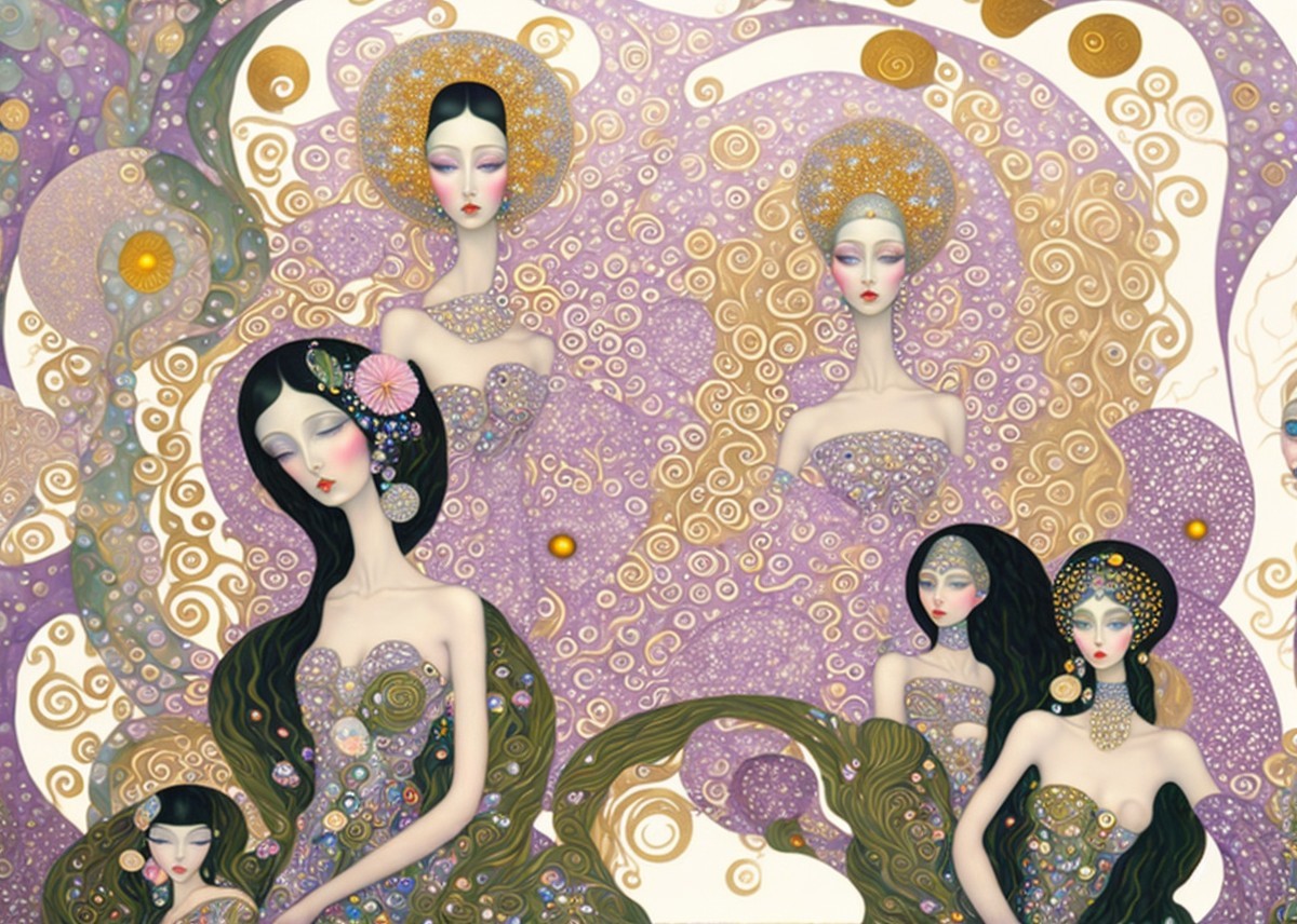 Ethereal Figures in Elegant Dresses with Whimsical Background